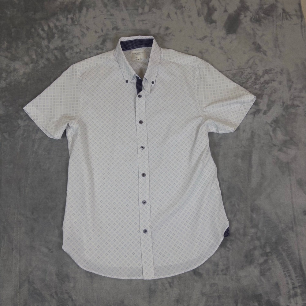 CON.STRUCT Button Down Shirt Mens M White Blue Micro Print Slim Fit Stretch